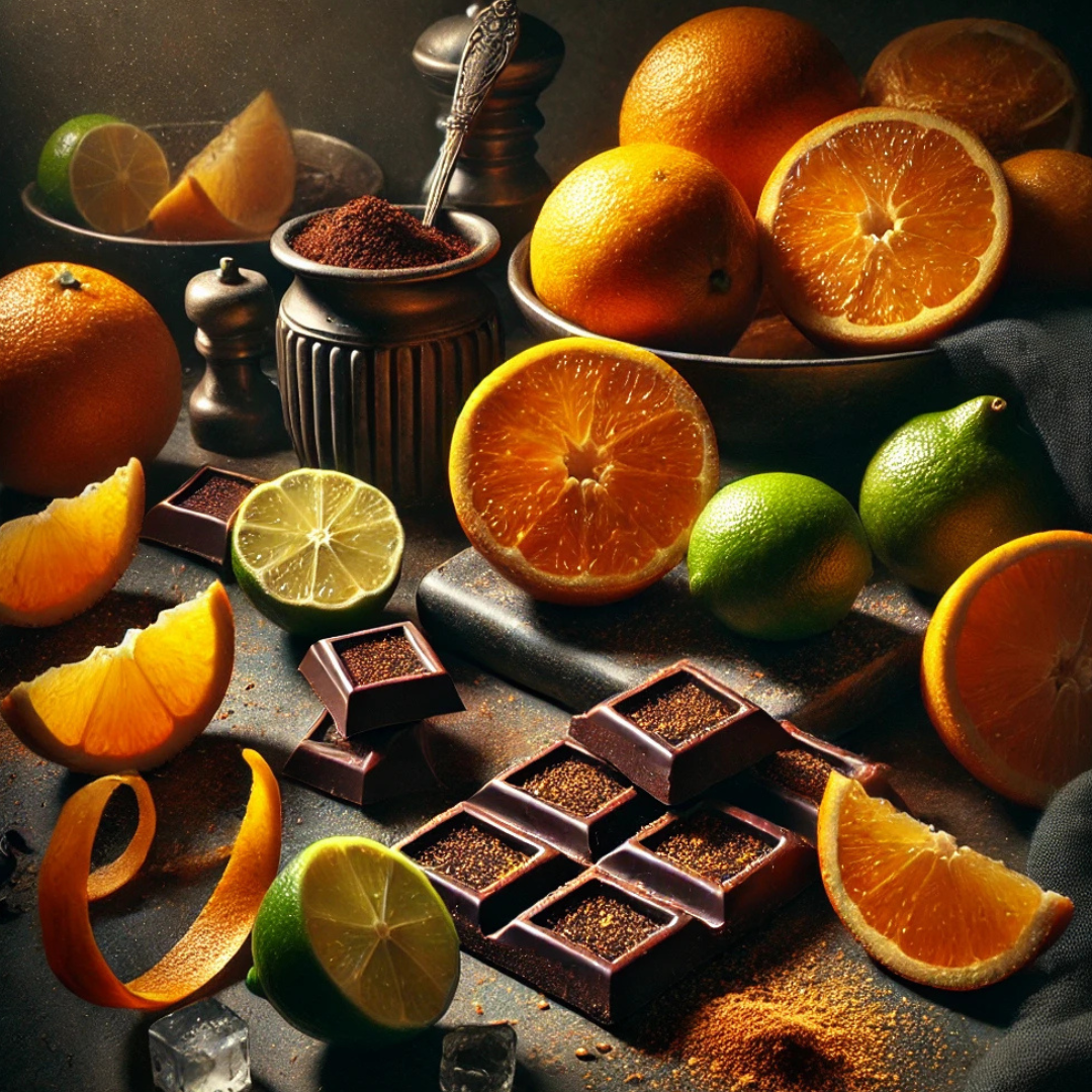 Oranges, limes, and chocolate bars on a dark surface with a warm glow.