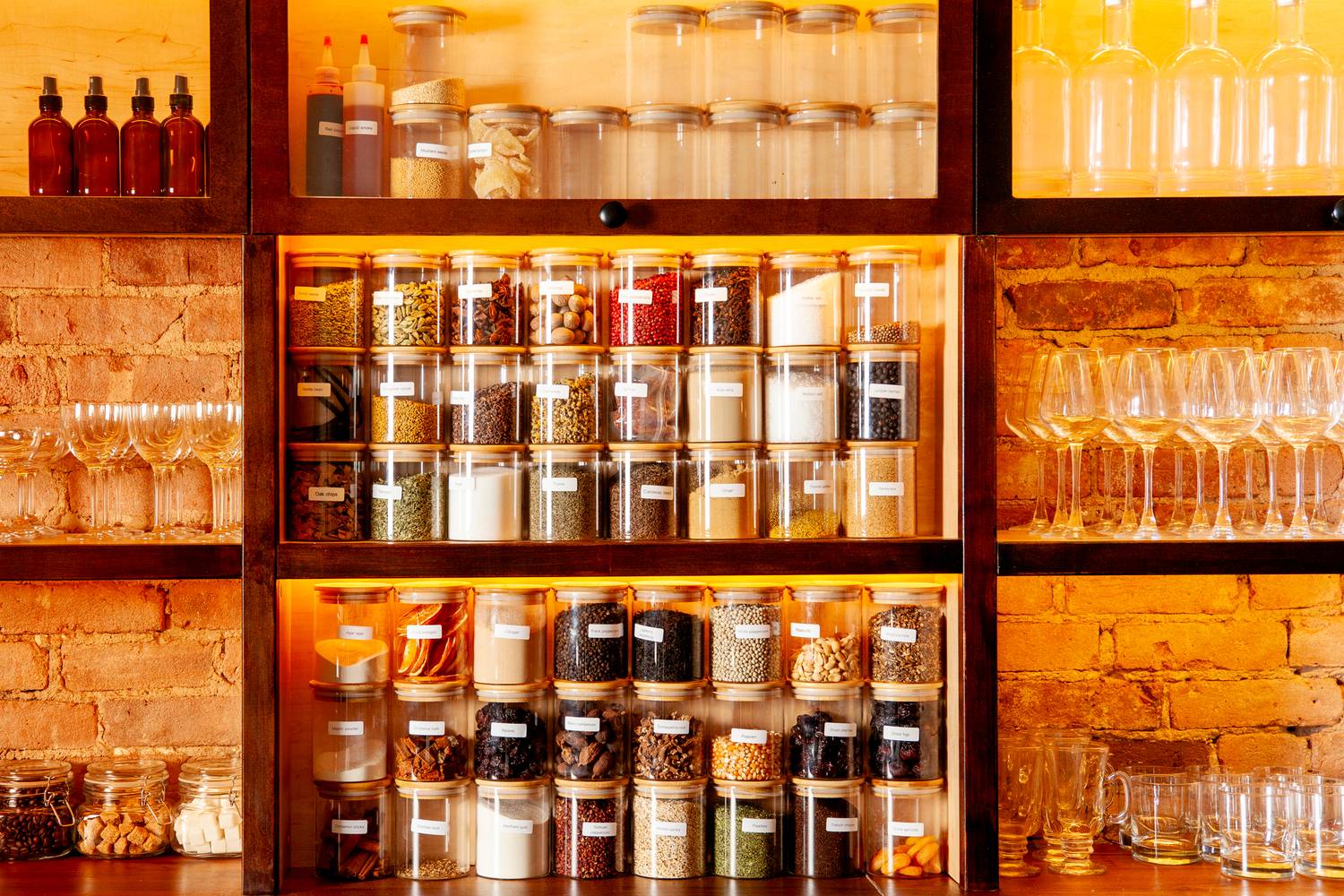 The ingredient wall behind the bar at No More Cafe