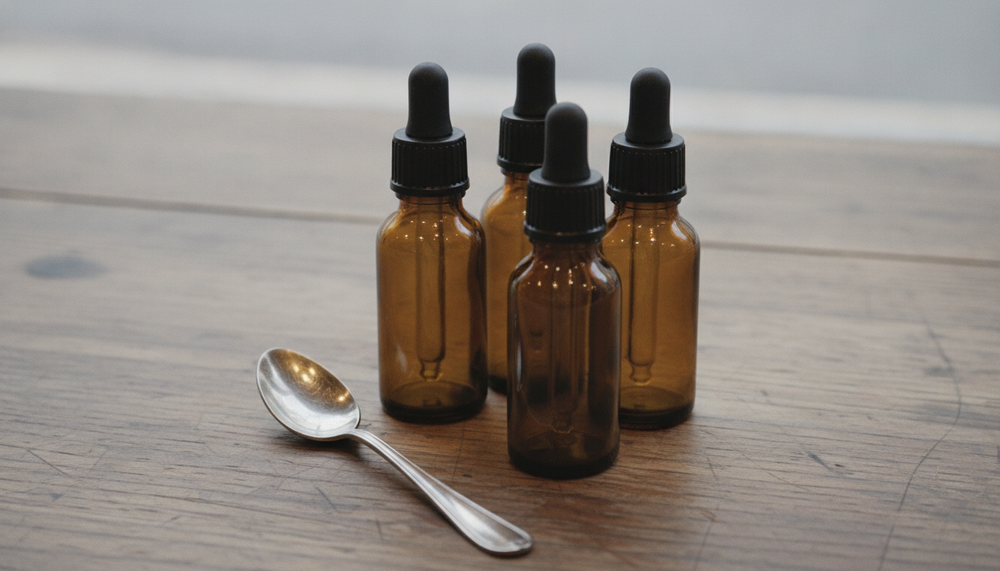 Amber glass tincture dropper bottles on a wooden counter