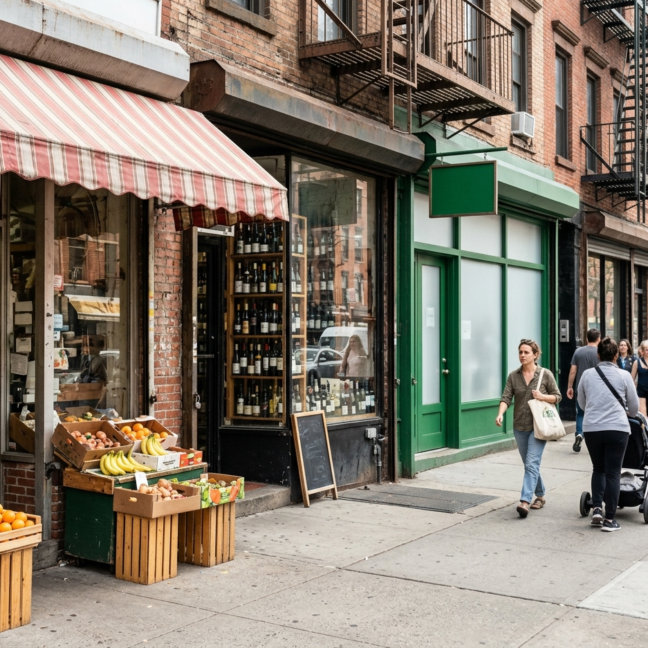 A bodega, a liquor store and a cannabis dispensary side by side on an East Village block, with people walking past
