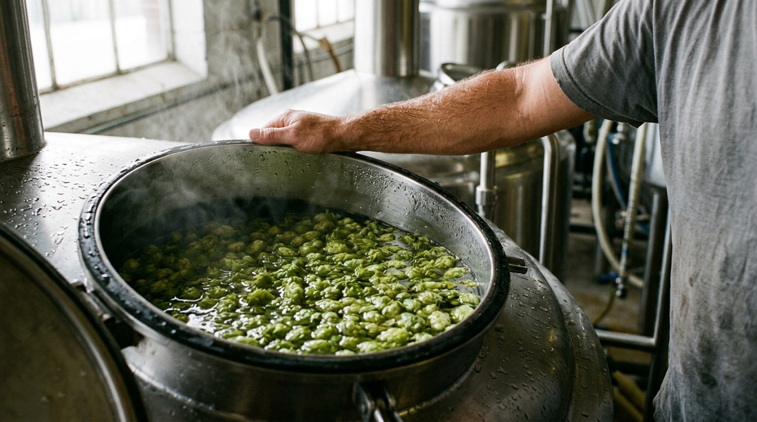 Whole-cone hops steeping on the surface of clear, steaming water in an open stainless steel brewhouse kettle