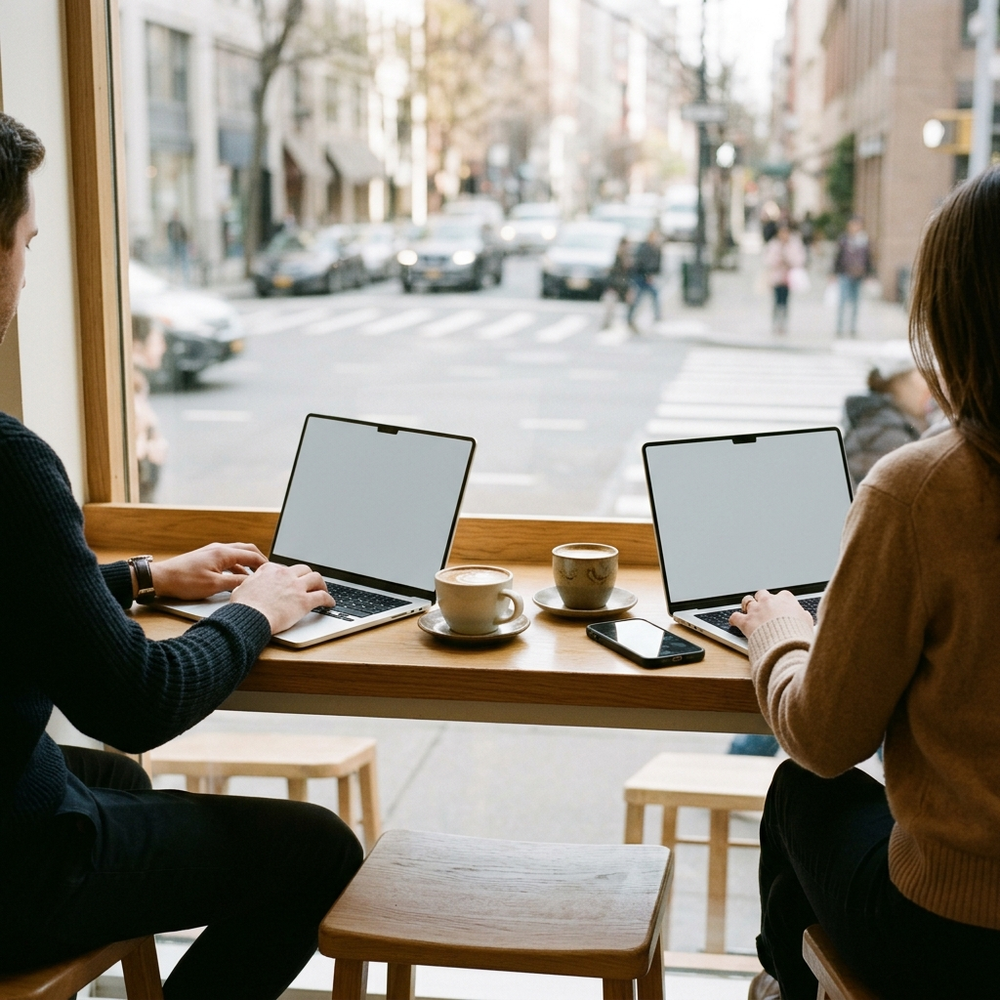 Two people seen from behind working on laptops at a cafe window counter