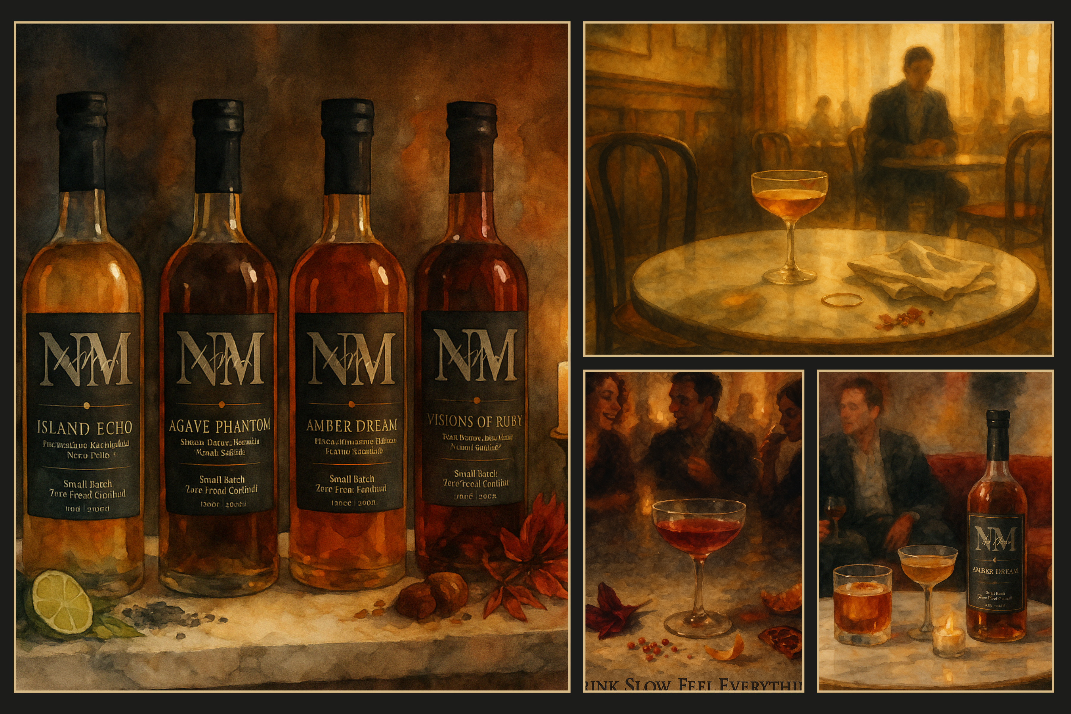 Collage of N&M brand bottles with a warm-toned setting, including a table with a glass and a couple.