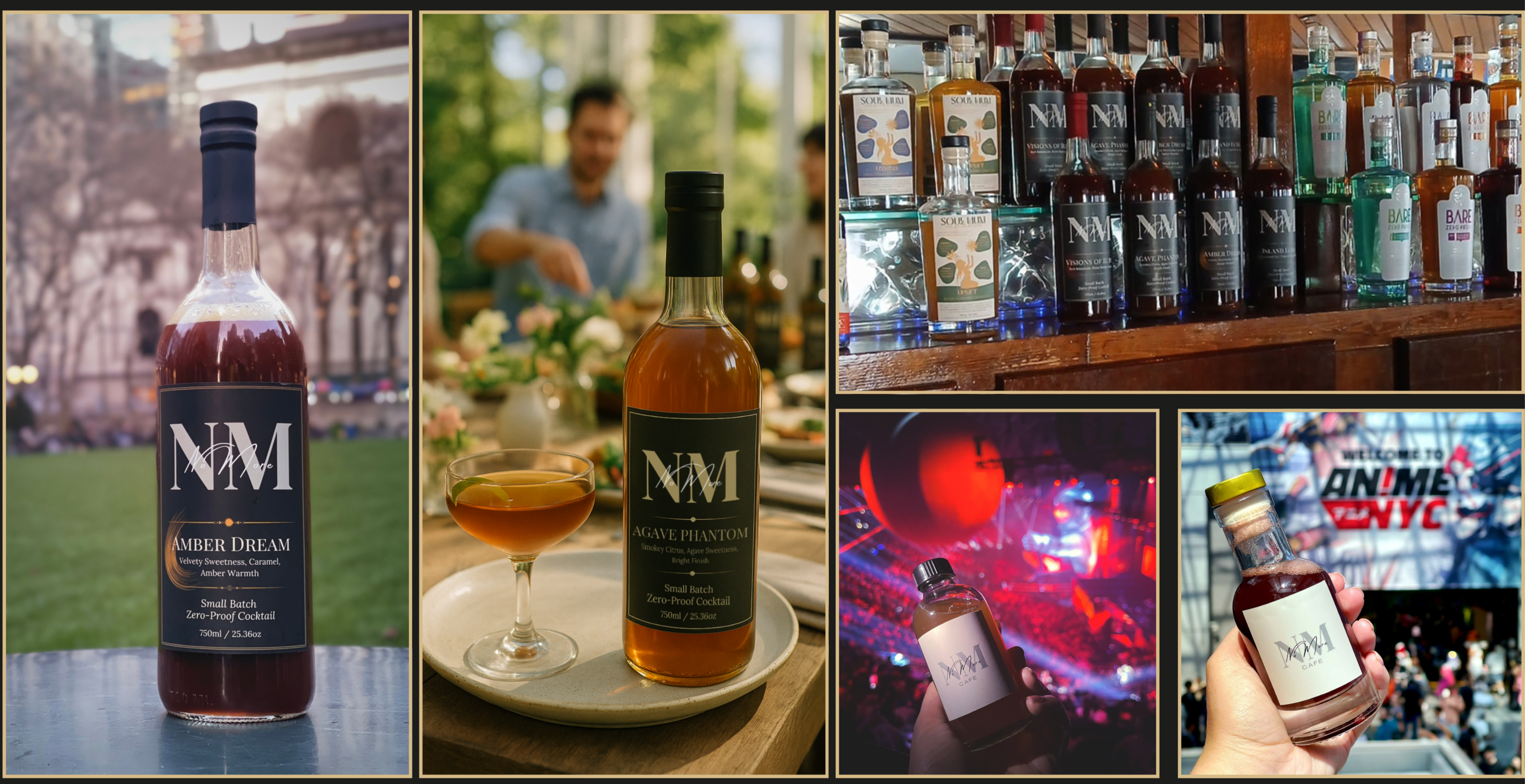Collage of NM bottles in various settings including outdoors, indoors, and a bar.