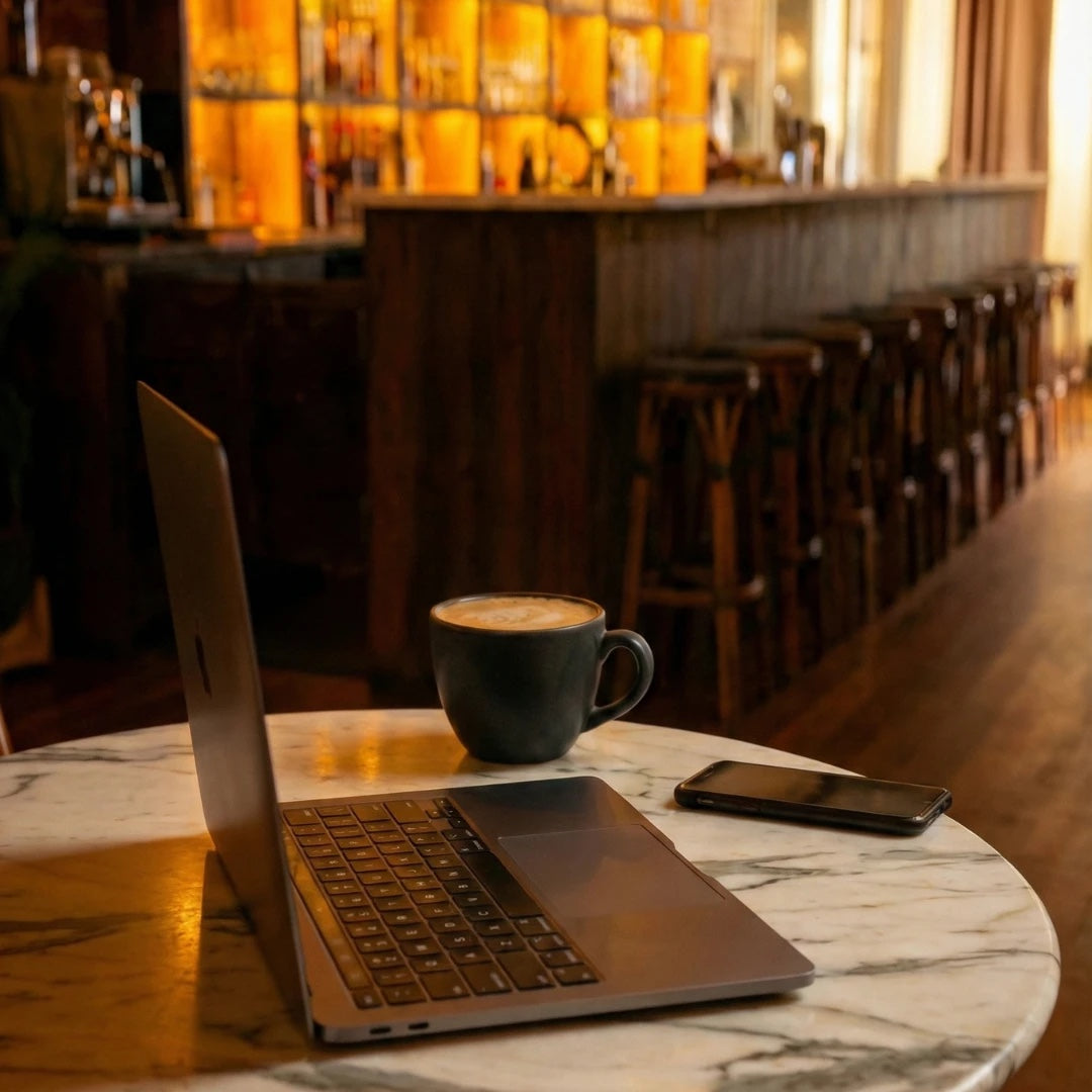An open laptop, a coffee and a phone on a marble table by the bar at No More Cafe